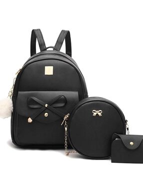 Women’s Black Faux Leather Backpack Set with Round Crossbody and Cardholder